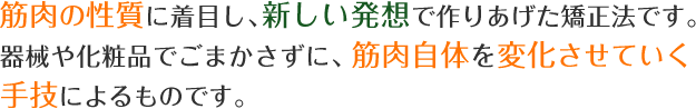 筋肉の性質に着目し、新しい発想で作りあげた矯正法です。器械や化粧品でごまかさずに、筋肉自体を変化させていく手技によるものです。